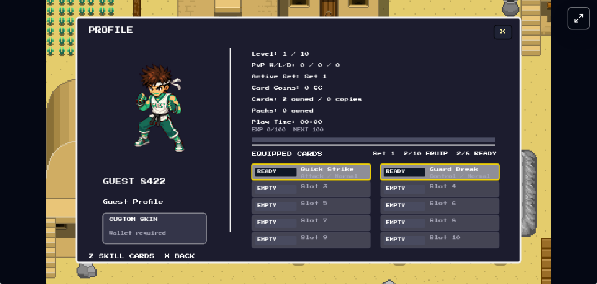 FightGame personalized player profile and equipped skill-card loadout